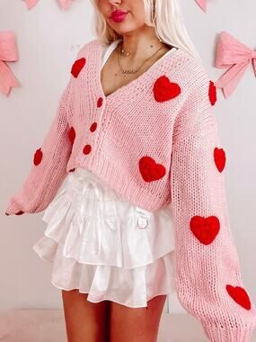 Jessica Simpson Cropped Cardigan – Pink with Red Chenille Hearts – Size Medium